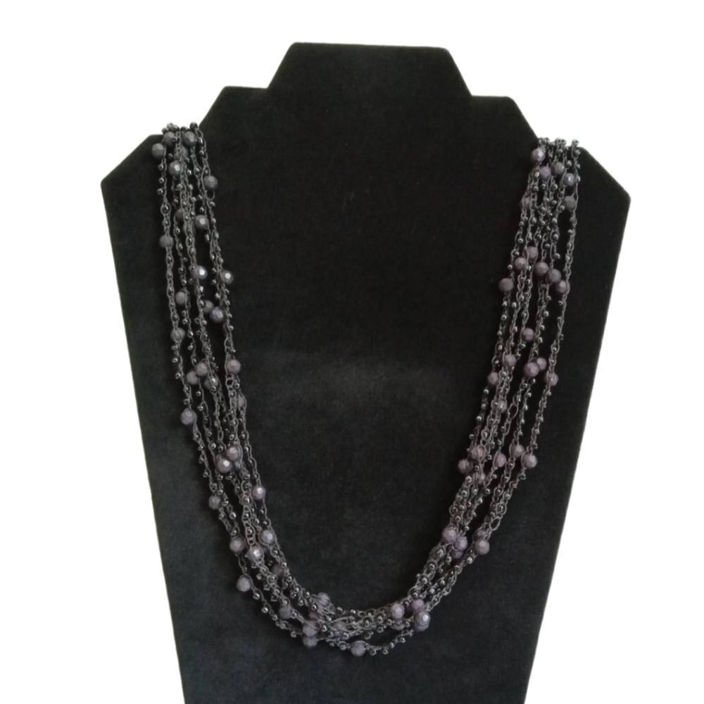 Black & Charcoal Gray Beaded Long Length Multi Strand Layered Statement Necklace